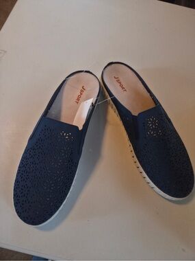 J/SPORT Navy Laser-Cut Slip-On Mules